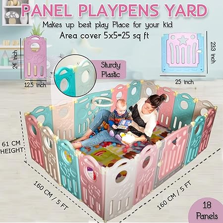 18 Panel Playpen for Babies Kids Play Yard with Mat and Balls Gate Playard for Baby Play Area Indoor Setup,Kid Toddlers Upto 4 Yrs (5 * 5 FT=25 SQFT Multi Colour)