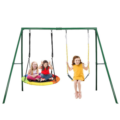 2in1 Kids Swing Set Outdoor 31 inch Saucer Swing Large Round Web Seat Swing for Playground Double Swing Seat Set for Babies Adults Adjustable Swing for Park, Garden, Tree Hold up to 300 kg