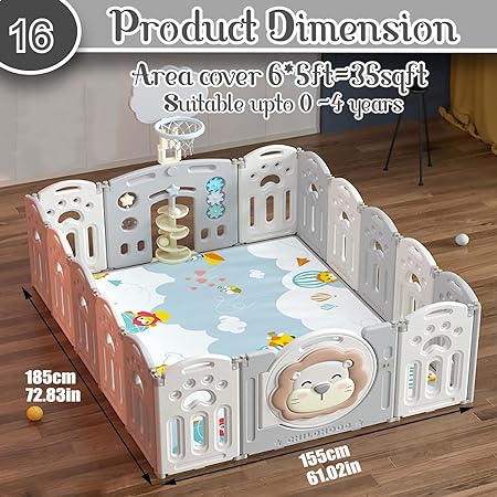 16 Panel Playpen for Babies Kids Play Yard with Mat and Balls Gate playard for Baby Play Area Indoor Setup,Kid Toddlers Fence Upto 4 Yrs (6 * 5 ft=30 SQFT)