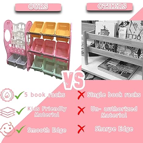 Kids Book Shelf Rack for Home Small Bookshelf for Babies Toy Storage Organiser for Toddlers with Bin Kids Book Shelf Montessor (Book SHEFL + Toy Organizer, Pink)