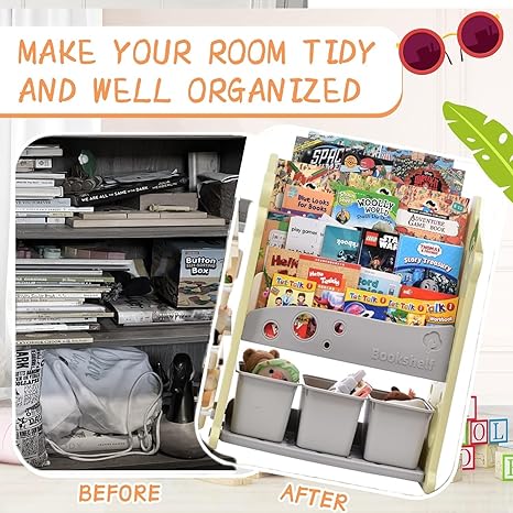 Kids Book Shelf Rack and Toy Storage Organizer Shelf Babies Book Storage Organiser with Bin Baby Montessori Book Shelf (All-in-ONE)