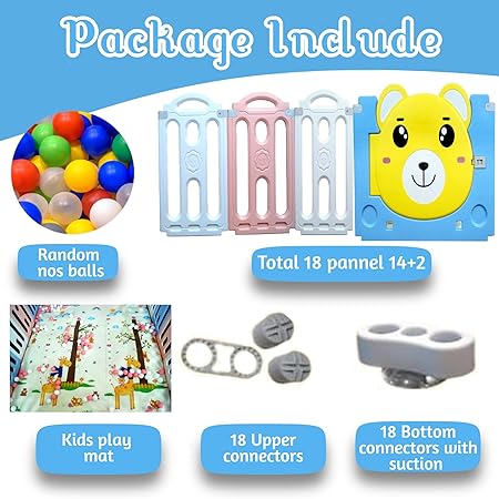 14 Panel Playpen for Babies Kids Play Yard with Mat and Balls Gate Playard for Baby Play Area Indoor Setup,Kid Toddlers Upto 4 Yrs (5 * 5 FT=25 SQFT)