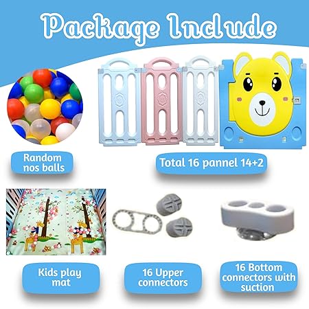 14 Panel Playpen for Babies Kids Play Yard with Mat and Balls Gate Playard for Baby Play Area Indoor Setup,Kid Toddlers Upto 4 Yrs (5 * 5 FT=25 SQFT)