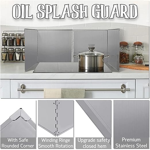 4 fold Stainless Steel Oil Baffle Splatter Shield Guard Kitchen Oil Water Splash Guard for Kitchen Stove and Sink (80 L x 40 W x 40 H CM, Plain Guard)