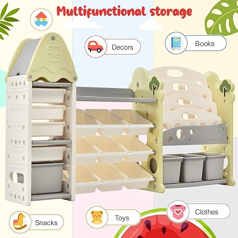 Kids Book Shelf Rack and Toy Storage Organizer Shelf Babies Book Storage Organiser with Bin Baby Montessori Book Shelf (All-in-ONE)