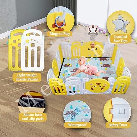 16 Panel Playpen for Babies Kids Play Yard with Mat and Balls Gate Playard for Baby Play Area Indoor Setup,Kid Toddlers Upto 4 Yrs (5 * 4 FT=20 SQFT, Yellow)