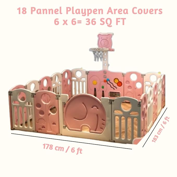 18 Panel playpens for Kids Babies Baby Play Yard with Mat Gate Fence Activity Center with Safety Lock,Play Area for Toddlers Indoor Upto 4 Yrs (Grey Elephant)