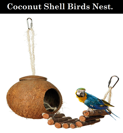 DESPACITO® Birds House With Ladder Coconut Shell Hut Cage Feeder Pet Parrot with Hanging Lanyard Toy.