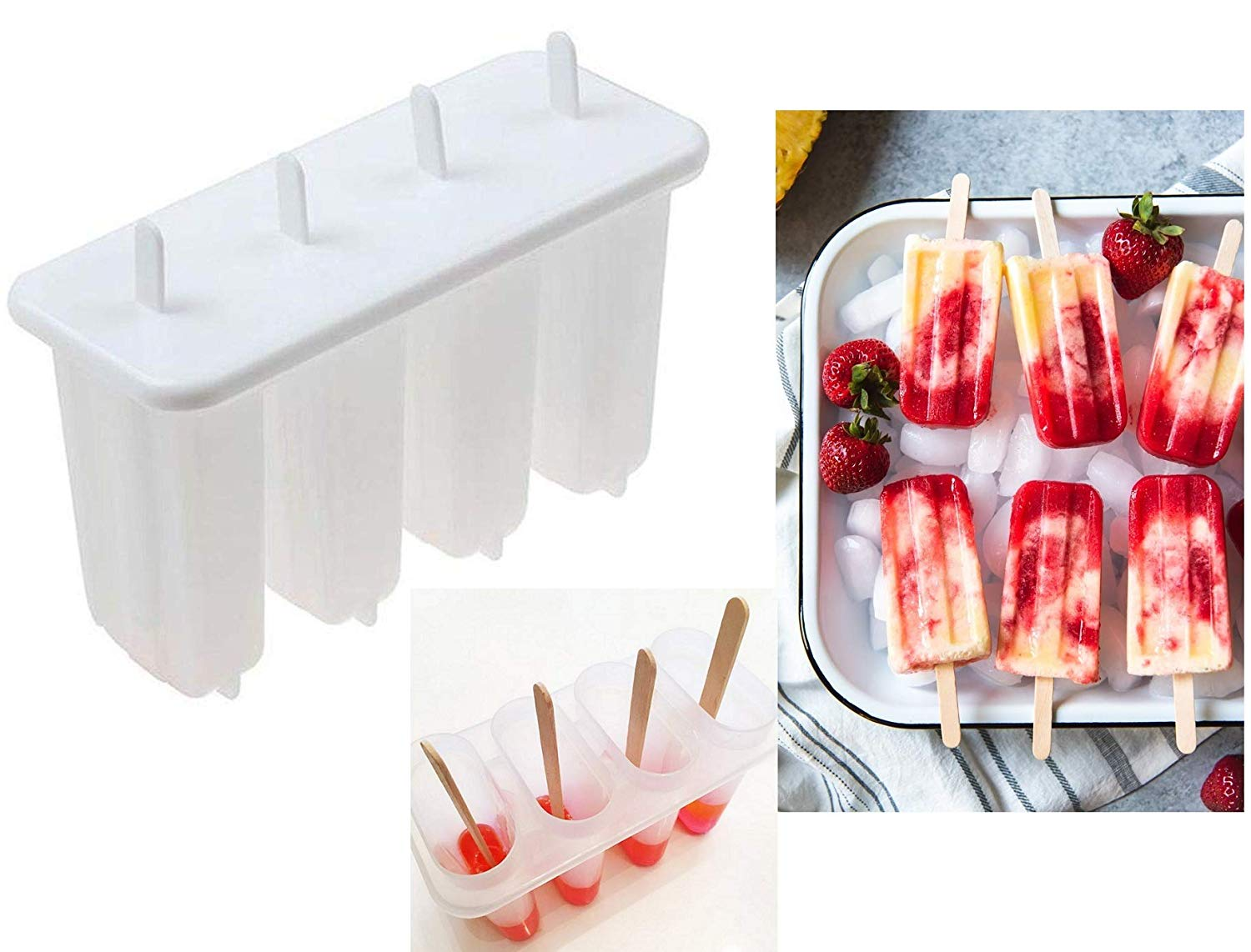 Hukimoyo Reusable Plastic DIY Food Grade Silicone Flexible, Easily-Removable, BPA-free , Dishwasher Safe Frozen Ice cream Mould Lolly Pop Candy Popsicle Set with Stick, White -Set of 4 by METRENO