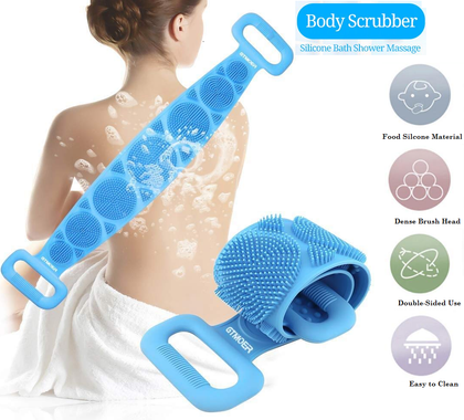 Sozzumi Silicone Body Scrubber  for Bathing ,Back Cleaning Shower Strap,Double Side Massage Scrub Belt,Easy to Clean (Blue) (Size: 60 x 11 cm).