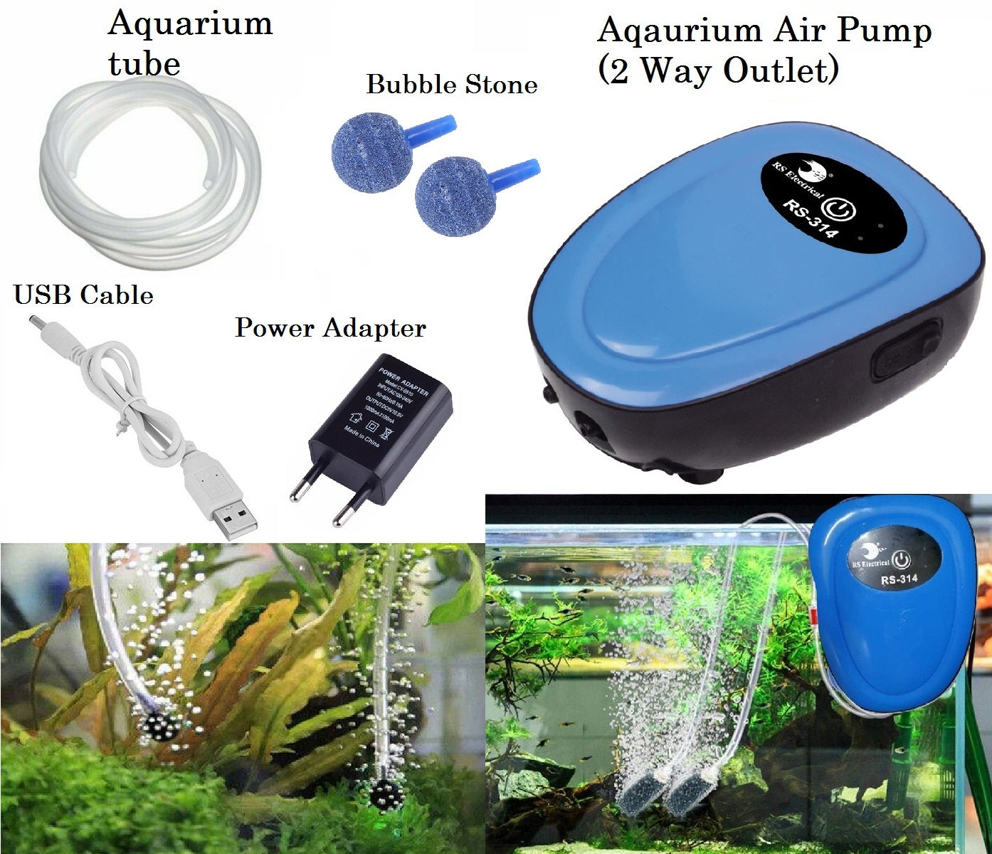 Rechargeable AC/DC Aquarium Air Pump for Fish Tank, Silent Air Bubble Oxygen Pump Compressor with USB Plug and Aquarium Tube, 2 Air Stones