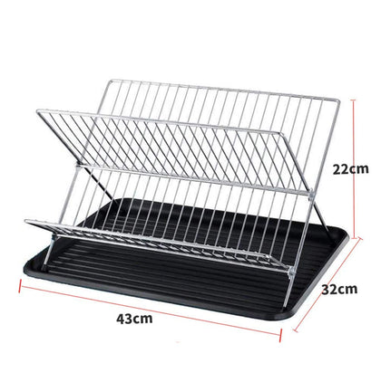 Hukimoyo steel dish drainer basket for kitchen, 2 Tier Folding utensils drying rack for home