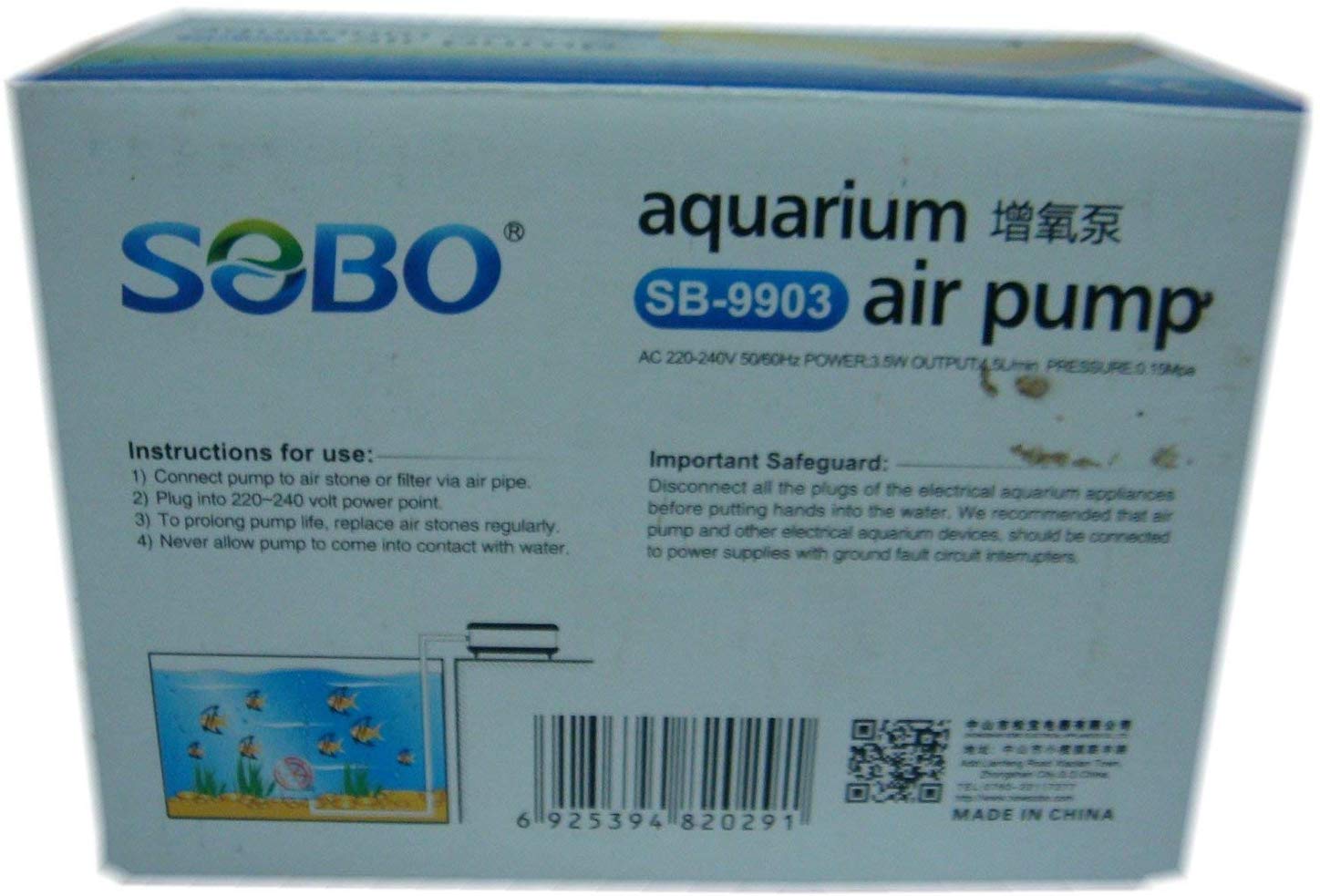 Sobo Aquarium Air Pump Power 3.5 W with Single Hole Fish Tank Oxygen Can Supports 2 Speed Control