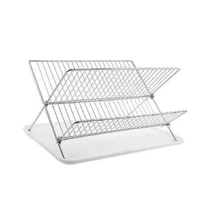 Hukimoyo steel dish drainer basket for kitchen, 2 Tier Folding utensils drying rack for home