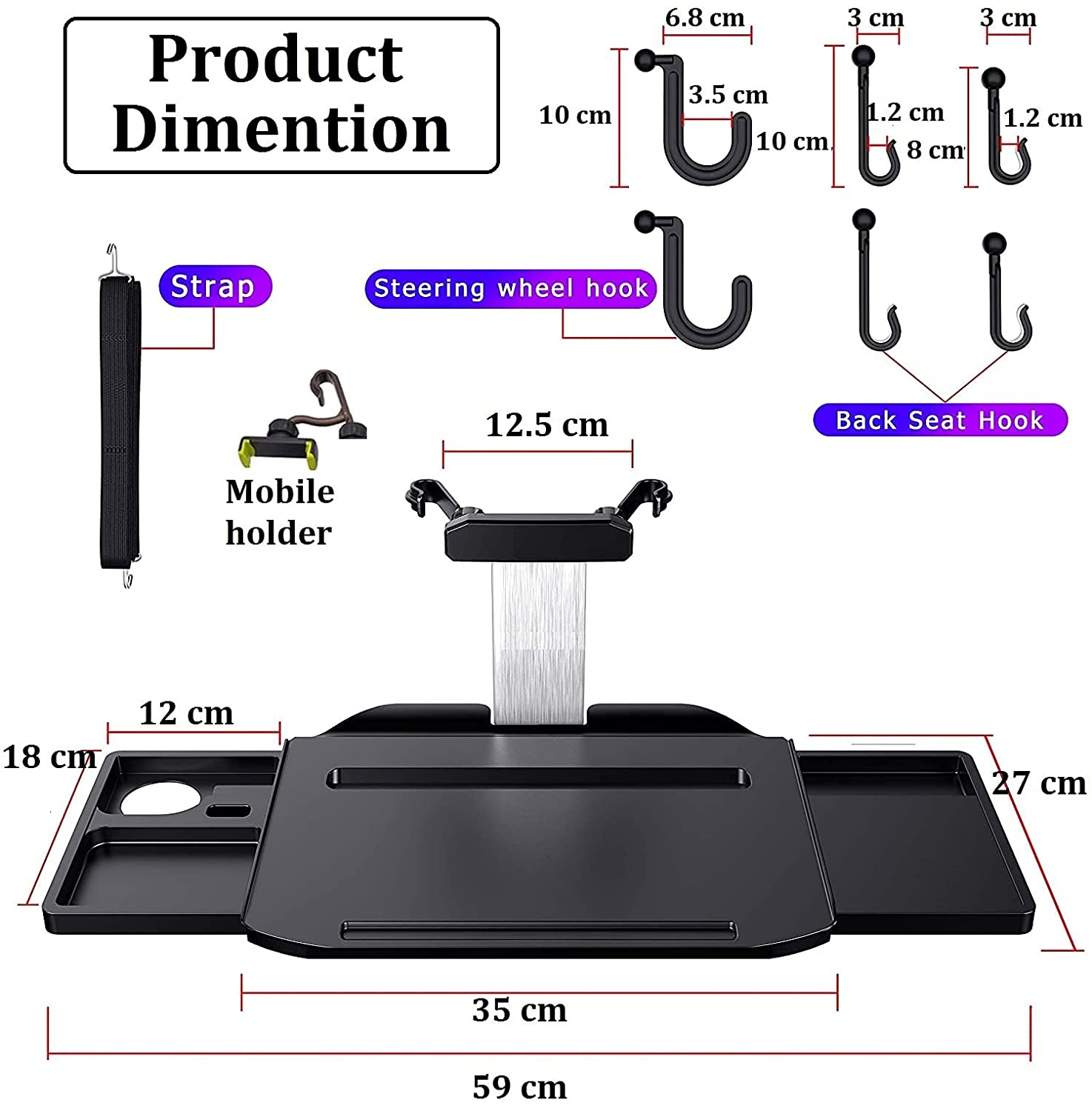Car Tray Back seat, Retractable Foldable Notebook Laptop Stand Holder Upto 10 kg, Food Drink Mount Interior Backseat/Steering Organizer