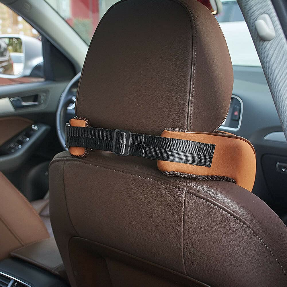 Car Neck Rest Pillows Memory Foam for All Types of Seats, PU Leather Foam Pillow Headrest Cushion for Neck Pain Protector (Brown, 2 Pcs)