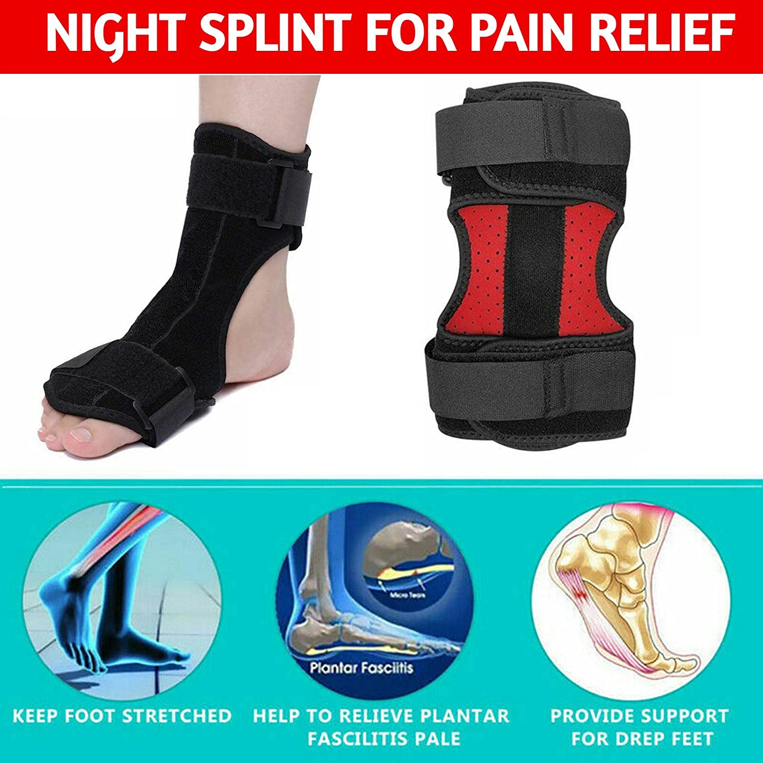 Plantar Fasciitis Night Splint for Heel Pain Relief - Foot Drop Orthotic Brace for Sleep Support, Fits for Both Left and Right Foot