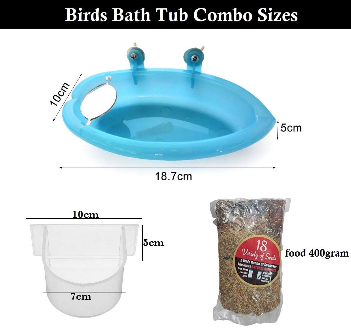 Despacito Bird Water Bath Tub Hanging Bowl with Mirror and Birds Feeder Food Mixed Seeds, Natural Seed with Feeding Bowl Combo Pack for Birds