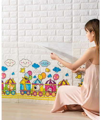 3D Brick Foam Wallpaper,Living Room;Bedroom;Kitchen;Background Wall Decoration;Beautiful Train Pattern(Color:Multi-Colored)