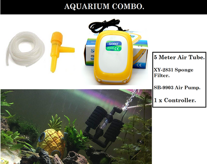 DESPACITO® Aquarium Air Pump Power 3.5 W (Yellow and White, SB-9903), Bio-Sponge Filter for Fish Tank (Model:  Xy-2831) with 5 Meter Tube and 1 Controller.