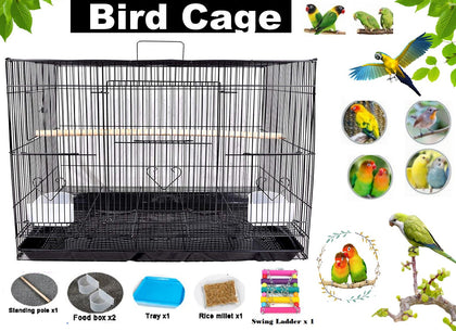 Metal Foldable Nest Bird House , Travel Carrier hanging Cage with swing, two feeder bowls ,wooden perch stick and seeds (Black ,62*42 cm cage )
