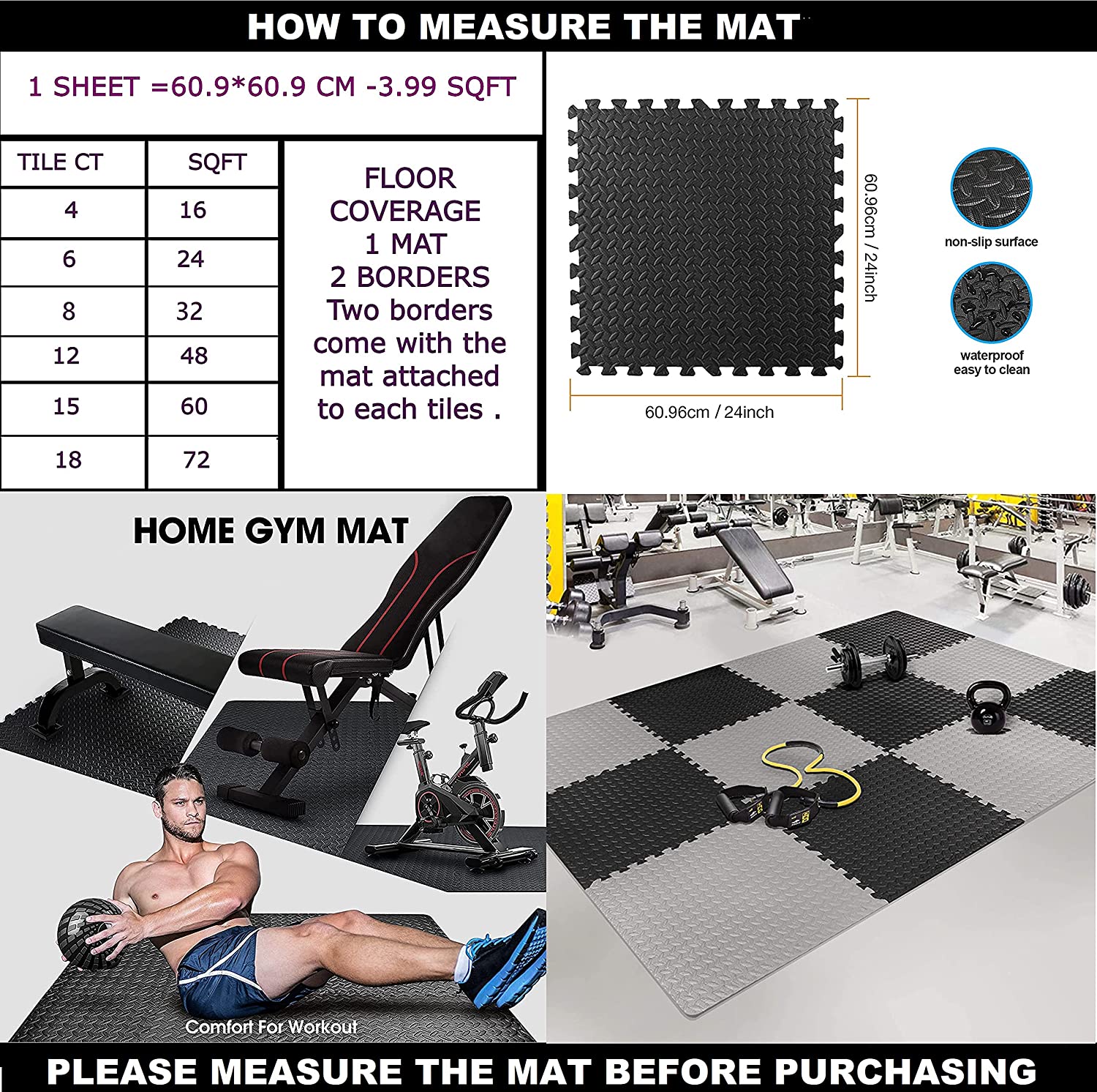 Nasmodo 1 Inch Puzzle mat for Gym Workout Foam mat for Exercise, Interlocking EVA Foam Padding Floor Tiles Flooring Yoga Kids(60 * 60cm) ( 8pcs)