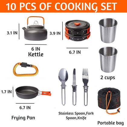 10pcs Camping Cooking Set cookware Mess kit Outdoor Utensils, Portable Trekking Cooking Accessories for Camping Carabiner, Spoon, Bowl, Glass, Non-Stick pan