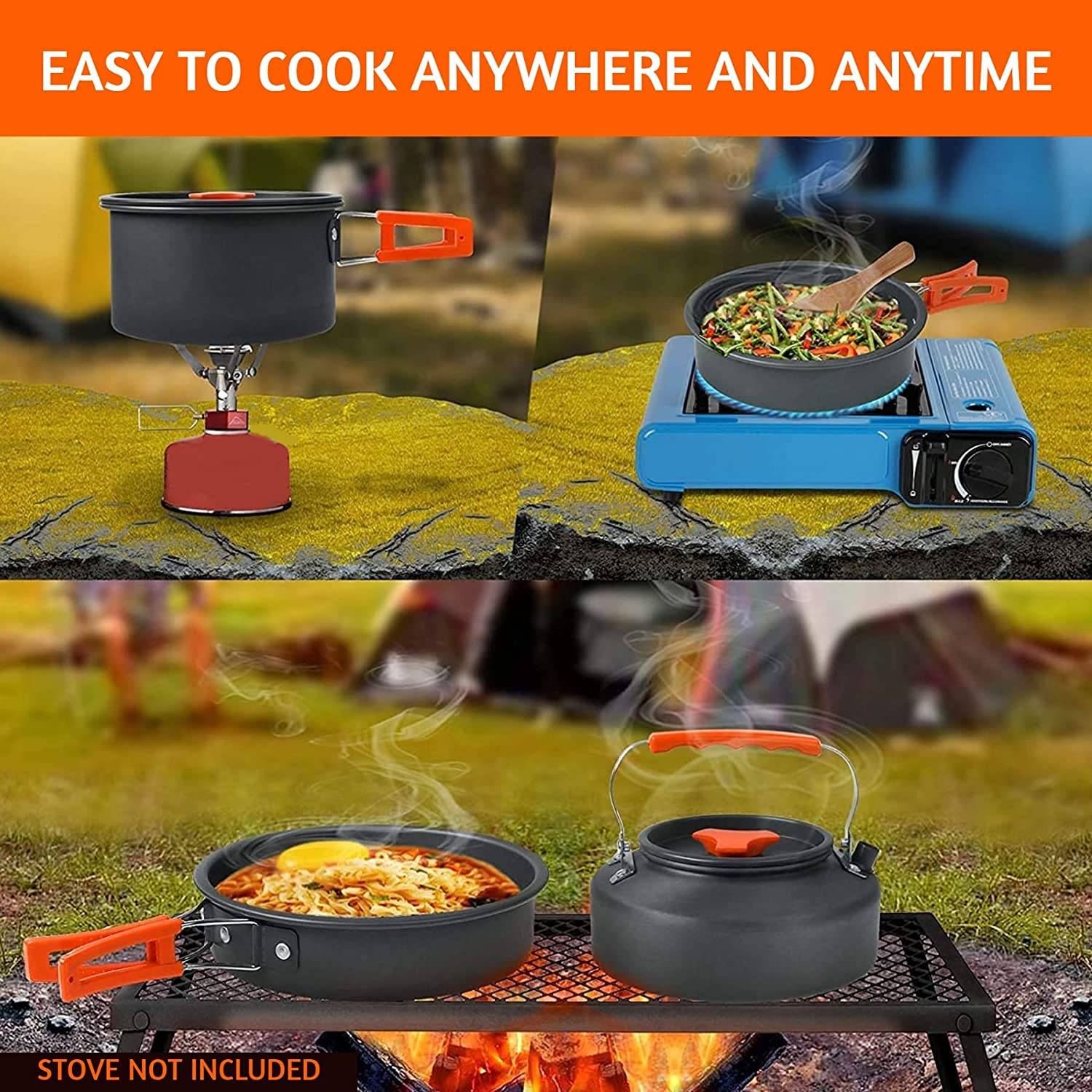 10pcs Camping Cooking Set cookware Mess kit Outdoor Utensils, Portable Trekking Cooking Accessories for Camping Carabiner, Spoon, Bowl, Glass, Non-Stick pan