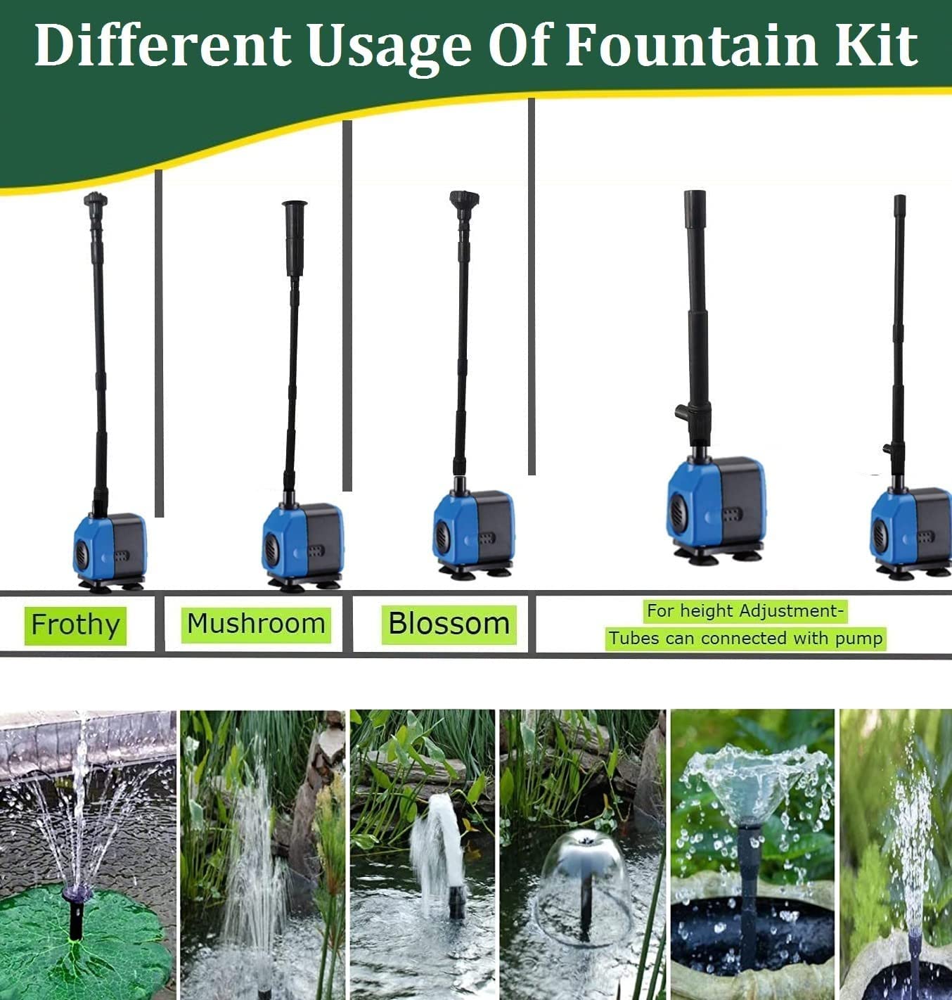 Fountain kit with Pump Water Fountain Nozzle kit for Home Outdoor, Fountain kit Extension for Garden and Pond Submersible Water Pump (Fountain kit with Pump)