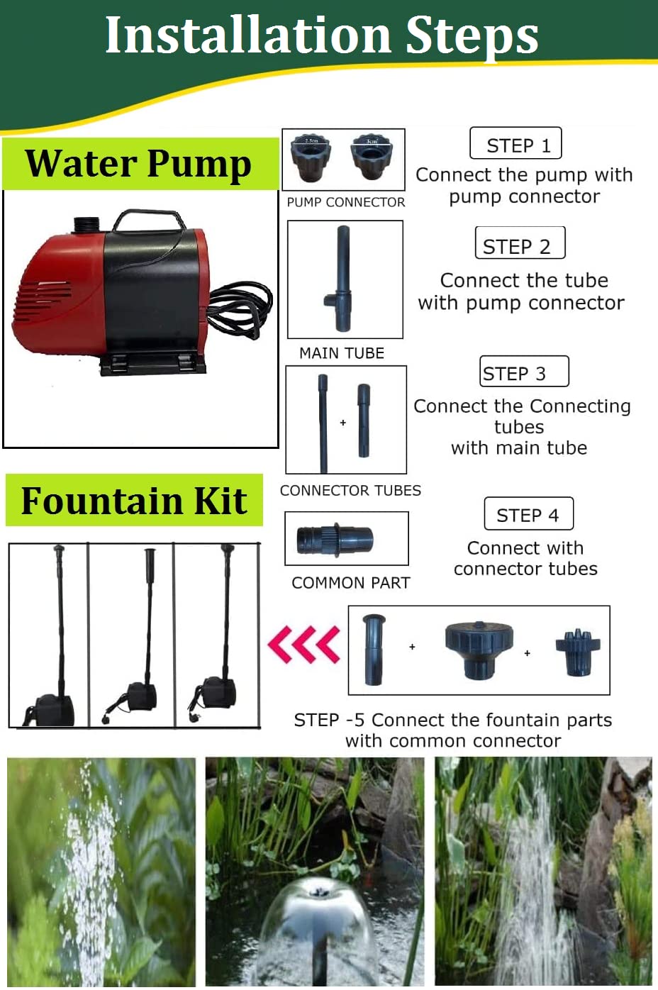 Despacito Fountain kit with Pump Water Fountain Nozzle kit for Home Outdoor, Fountain kit Extension for Garden and Pond Submersible Water Pump (Fountain kit with Pump)