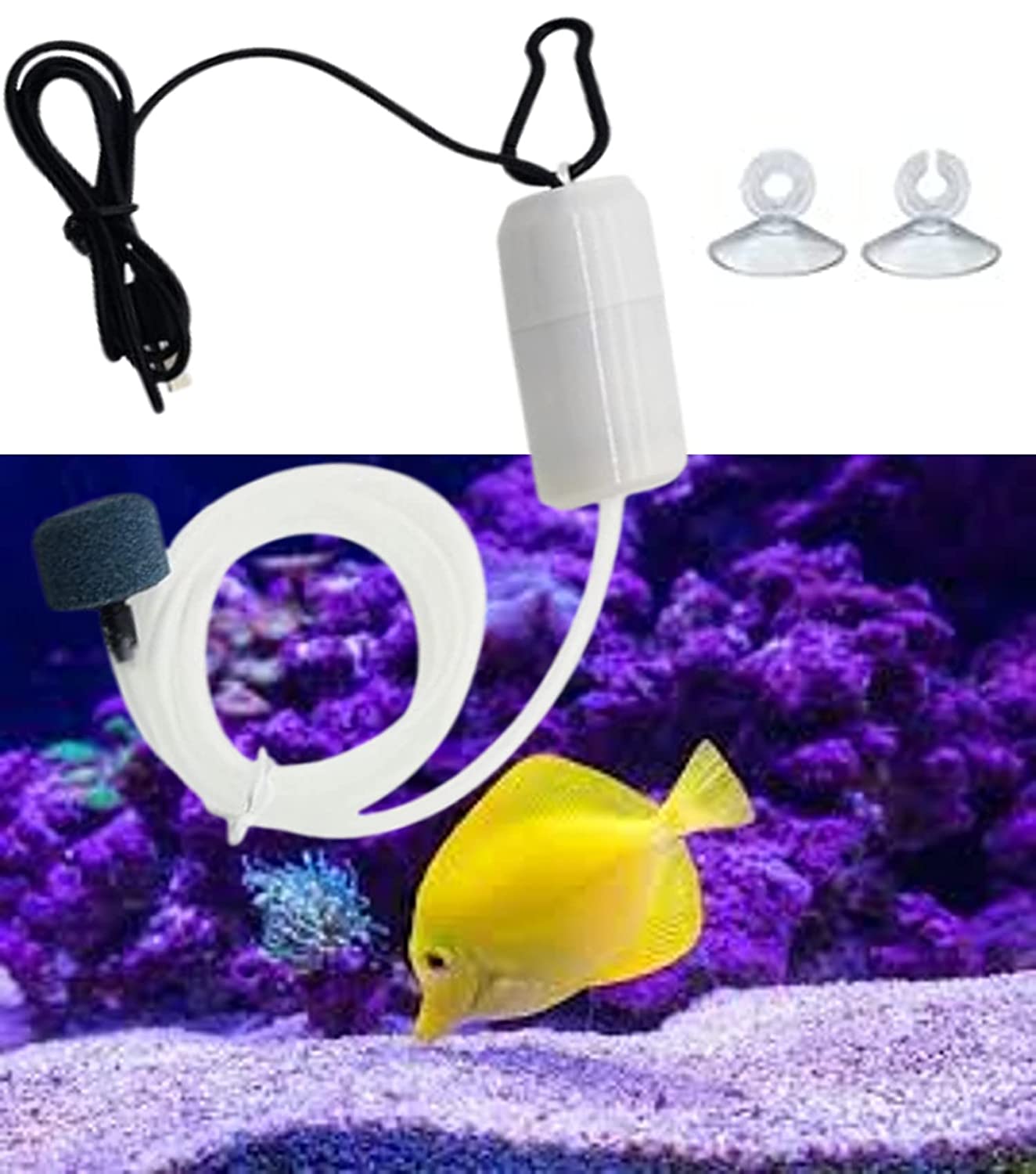 Despacito Air Pump for Aquarium Fish Tank Silent Mini Portable air Pump with USB Connector, 1 Air Stone, 1-Meter air line Tube, 2 Suction Cups, 1 Hanging Buckle (White)