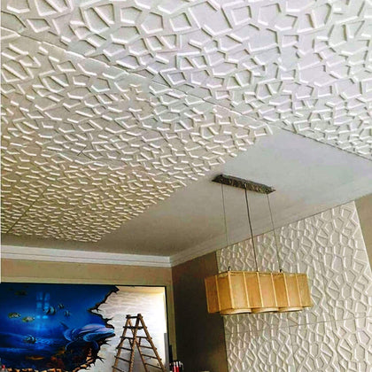 Nasmodo Foam 3D Ceiling Wallpaper for Living Room, Bedroom, Hall, Home Wall Tiles Panel, False roof Ceiling self-Adhesive Stickers (70 x 70 cm) (1 pc, Geometric White)