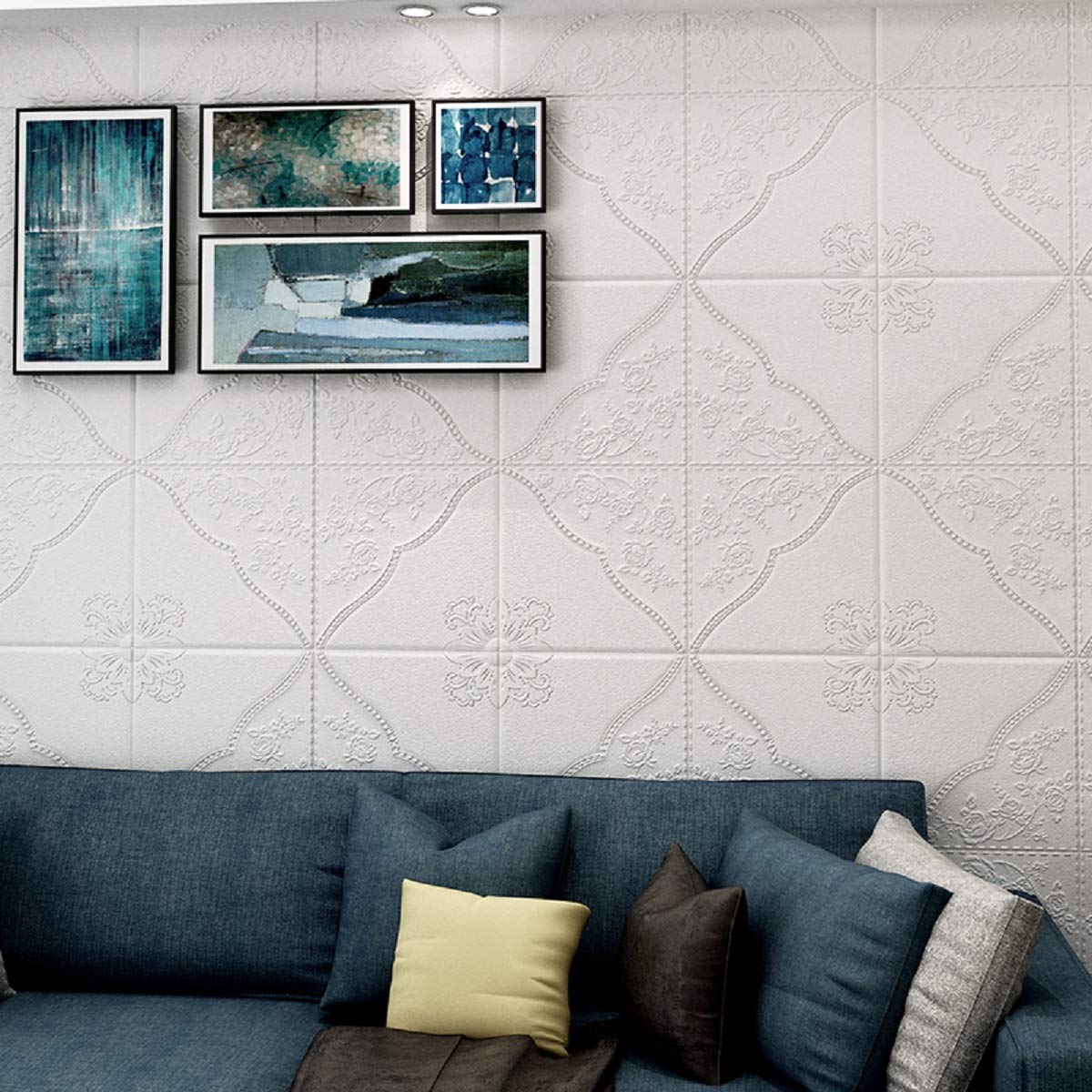3D Ceiling Wallpaper for Bedroom Tiles Panel Vinyl Stickers for Living Room Foam Wallpaper (70 * 70 cm,7MM)(12, White)
