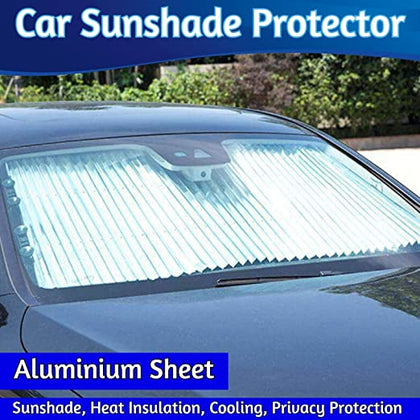 Car Retractable Windshield Sun Shade Screen, Foldable Sunshade Protector Blocks 99% UV Rays, fits Front Window with Suction Cups