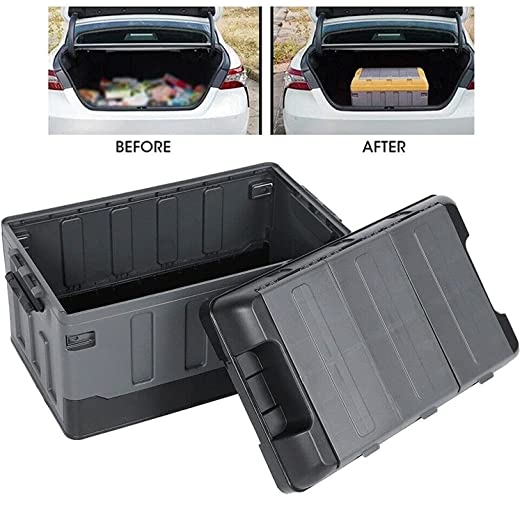 Car Trunk Organizers with lid, Foldable Large Anti Slip Back Seat Storage Box Compartment Tool (Large, Black with Grey)