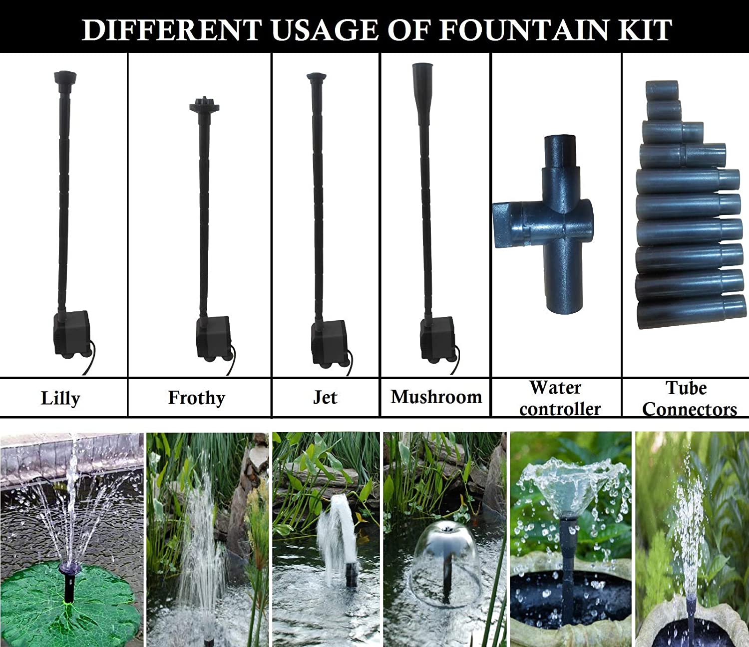Water Fountain Nozzle kit for Home Decoration, Outdoor, Sprinkler Fountain kit Extension for Garden and Pond Submersible Water Pump (Fountain kit )