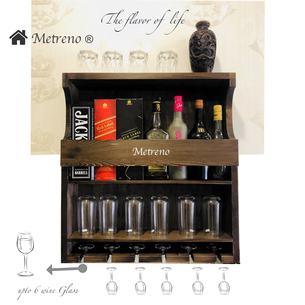 METRENO® Wall Mounted Wine Rack - Bottle & Glass Holder - Antique Style Handcrafted Rustic Hanging Rack - Mini Bar Cabinets for Home - Kitchen Rack & Shel
