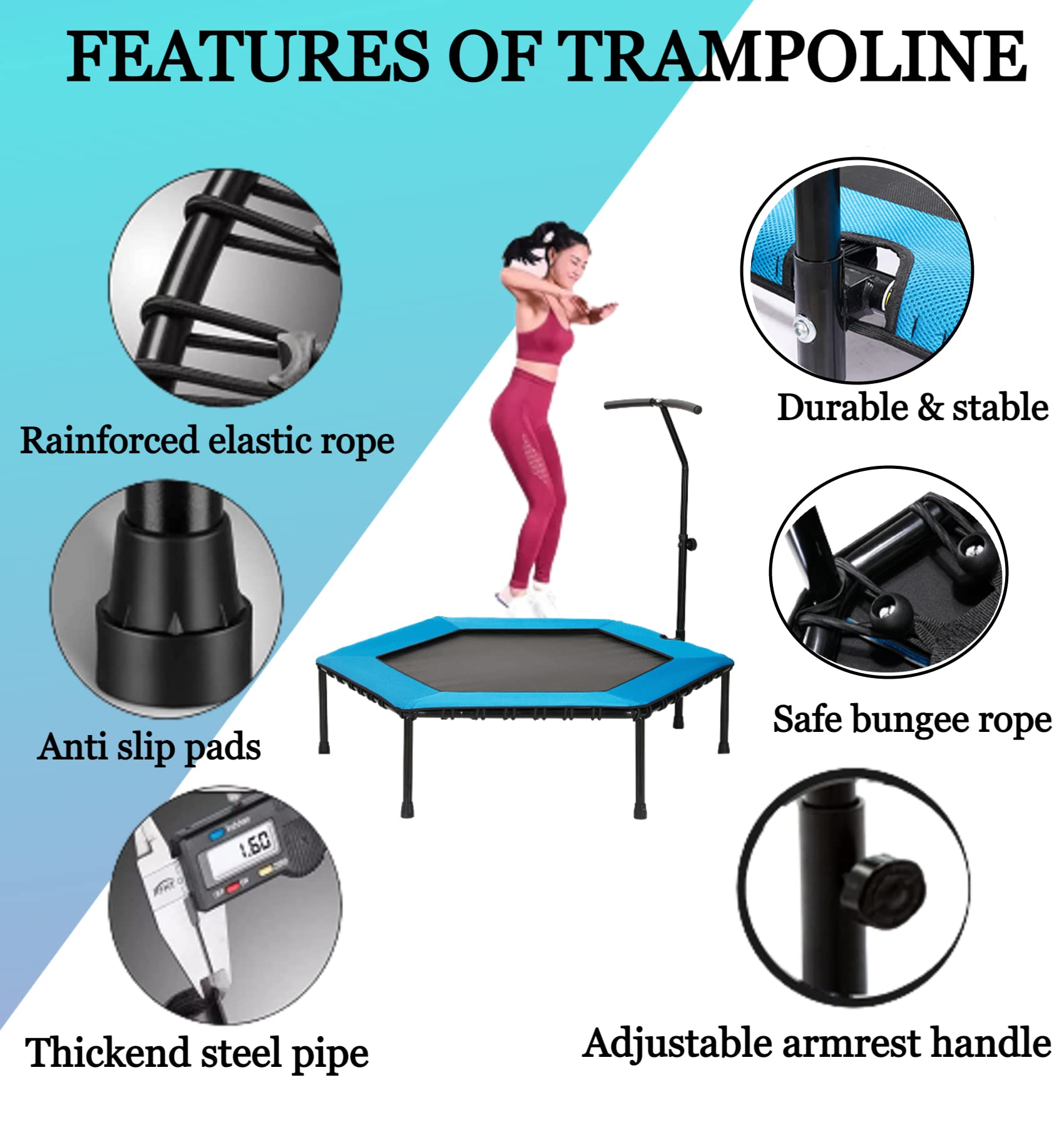 NASMODO 40" 150 kg Fitness Trampoline for Adults,Kids Indoor Re-bounder with Adjustable Handrail Handle Bar Covered Bungee Rope System