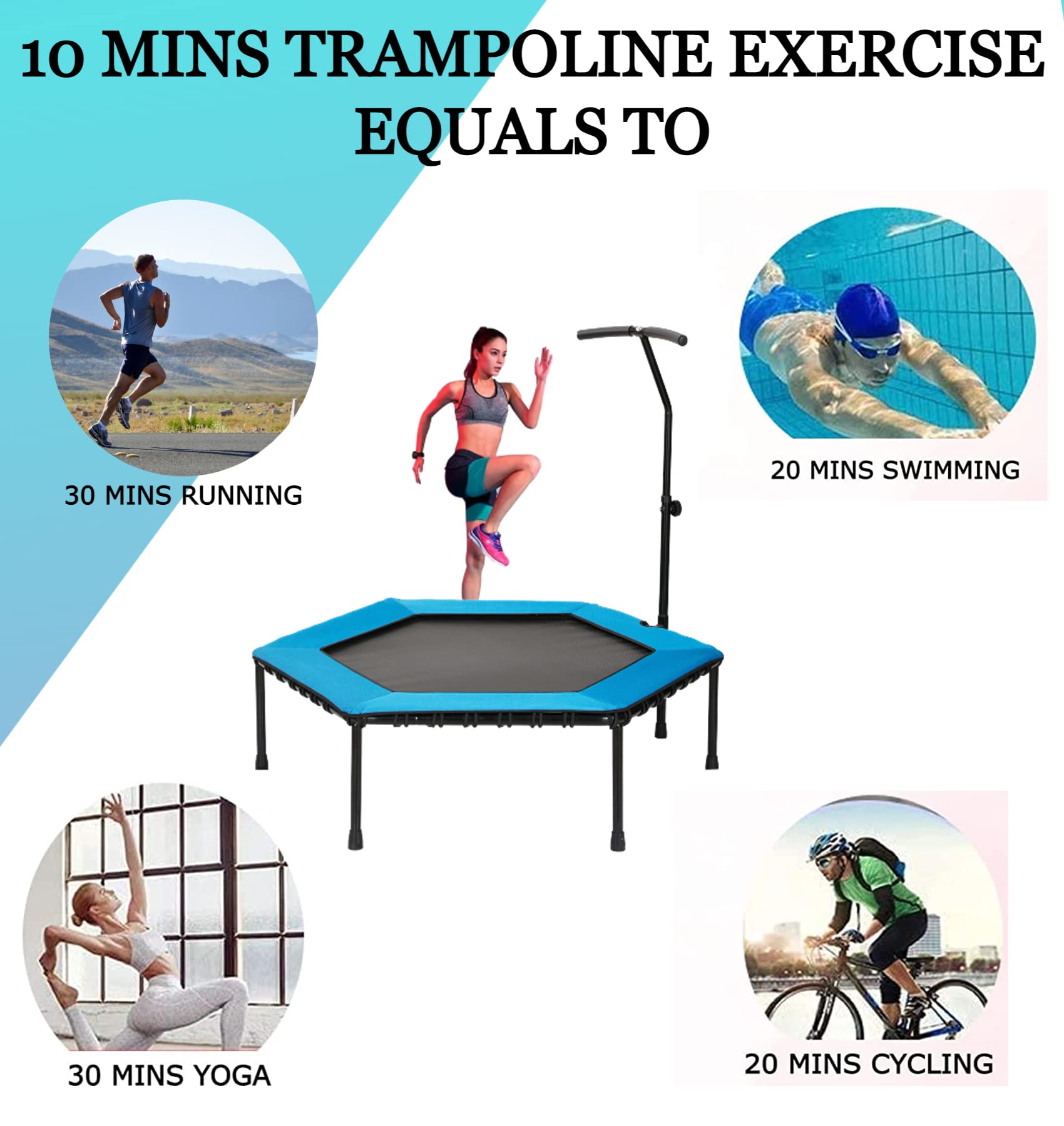 NASMODO 40" 150 kg Fitness Trampoline for Adults,Kids Indoor Re-bounder with Adjustable Handrail Handle Bar Covered Bungee Rope System