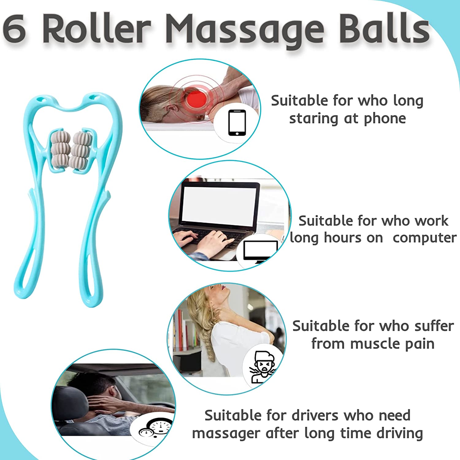 NUCARTURE Neck Massager for Cervical pain relief Manual Trigger Point Roller Massager deep Tissue Handheld Shoulder Massager Tool with 6 Balls for Legs Waist Neck(Random color)